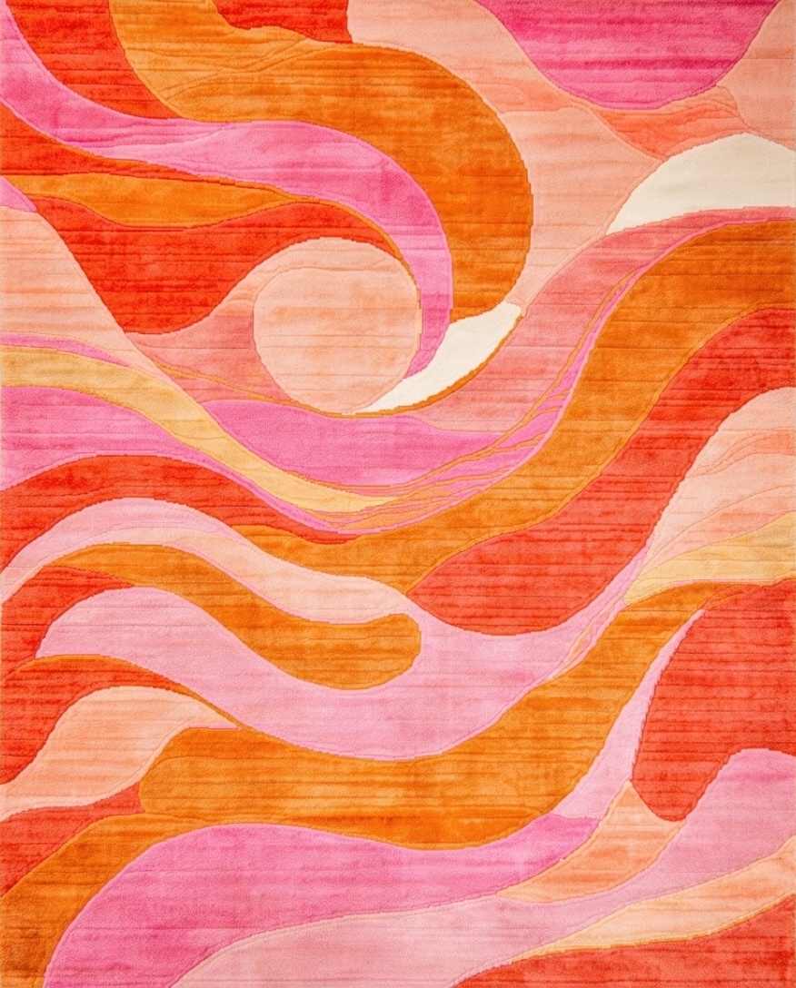 Retro swirl area rug in vibrant peach, orange and pink tones