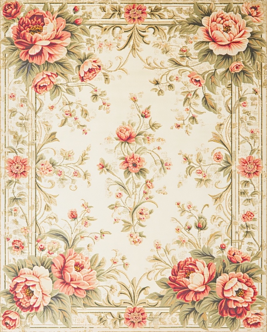 Elegant floral peony area rug in peach and cream tones
