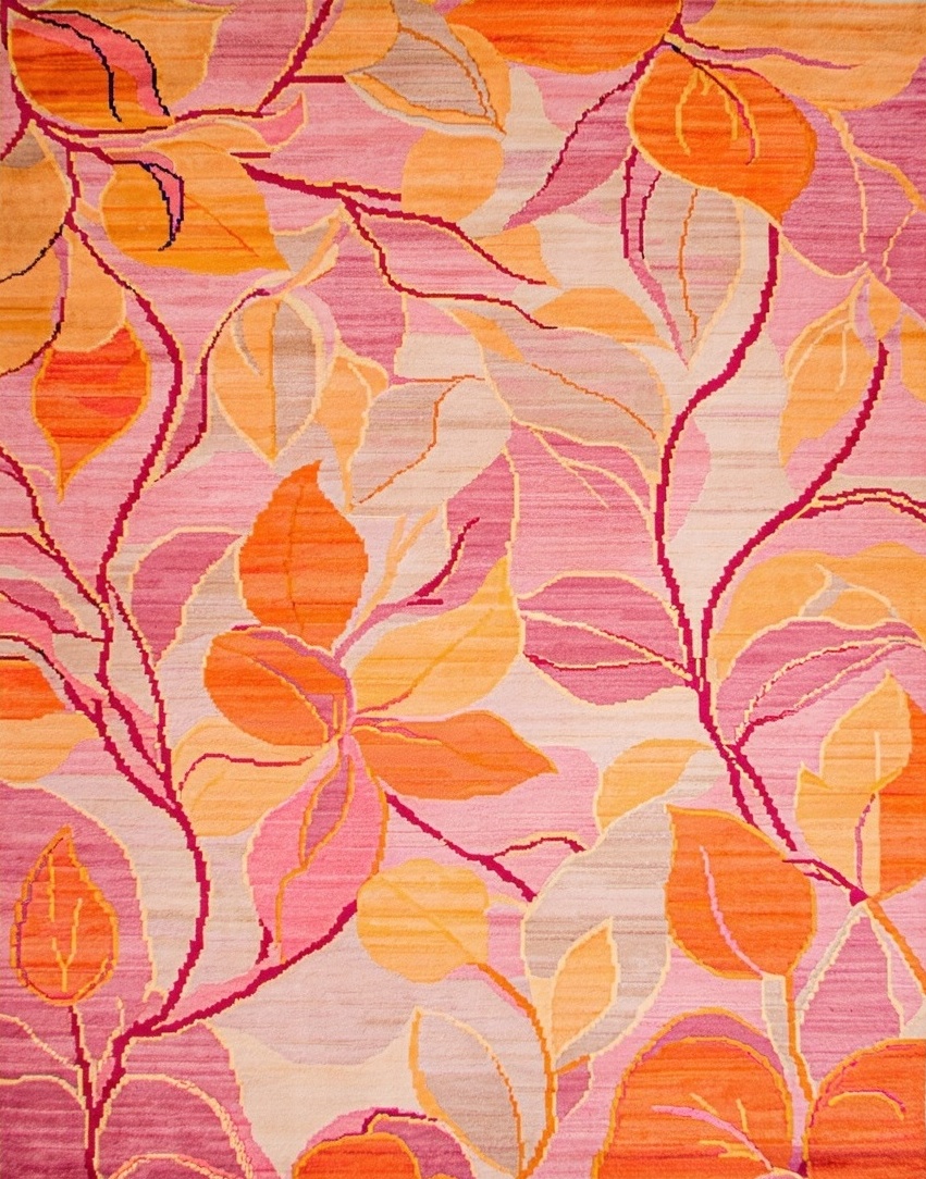 Modern botanical leaf area rug in pink and orange tones