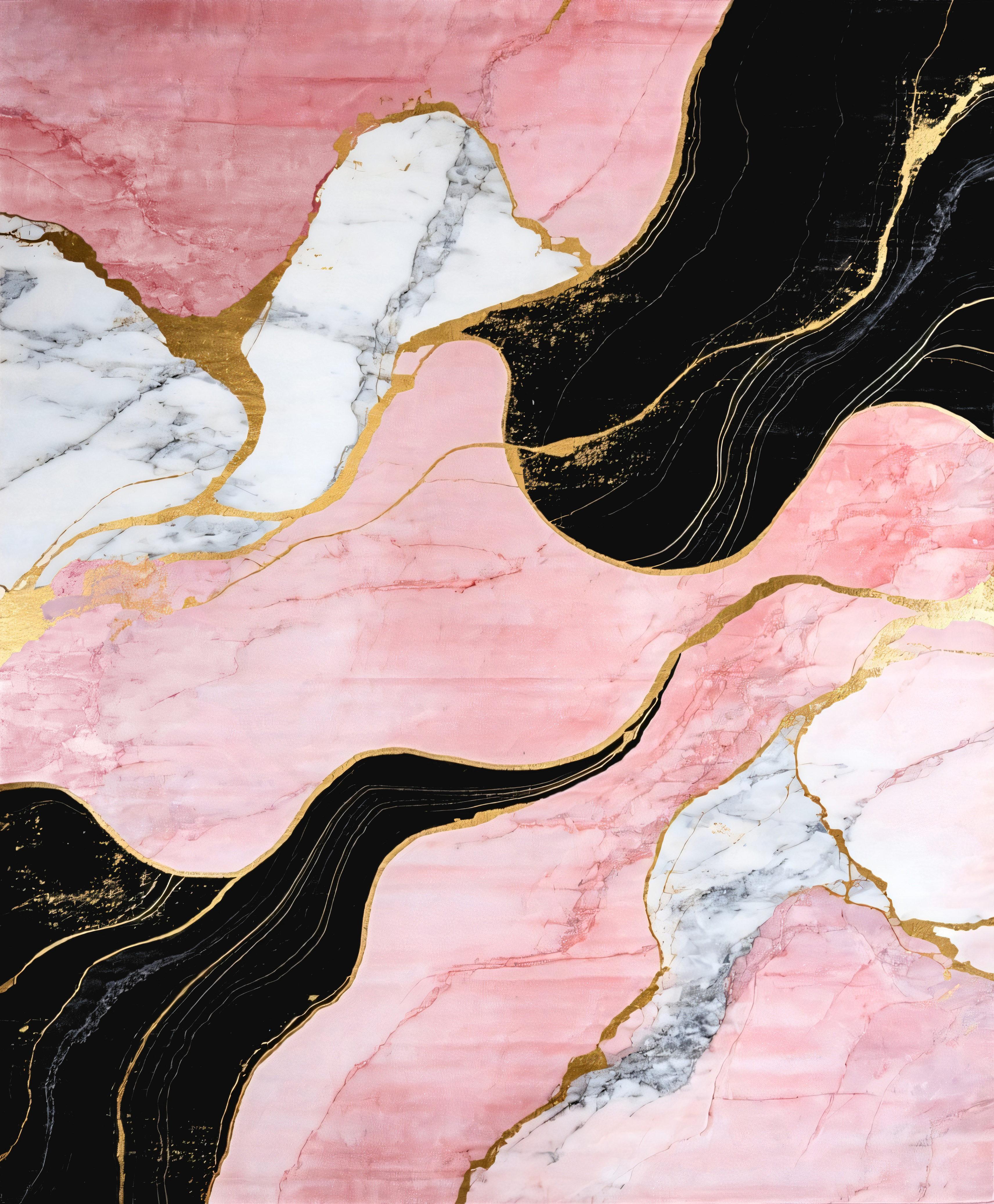 Luxurious pink marble area rug with gold kintsugi-style accents