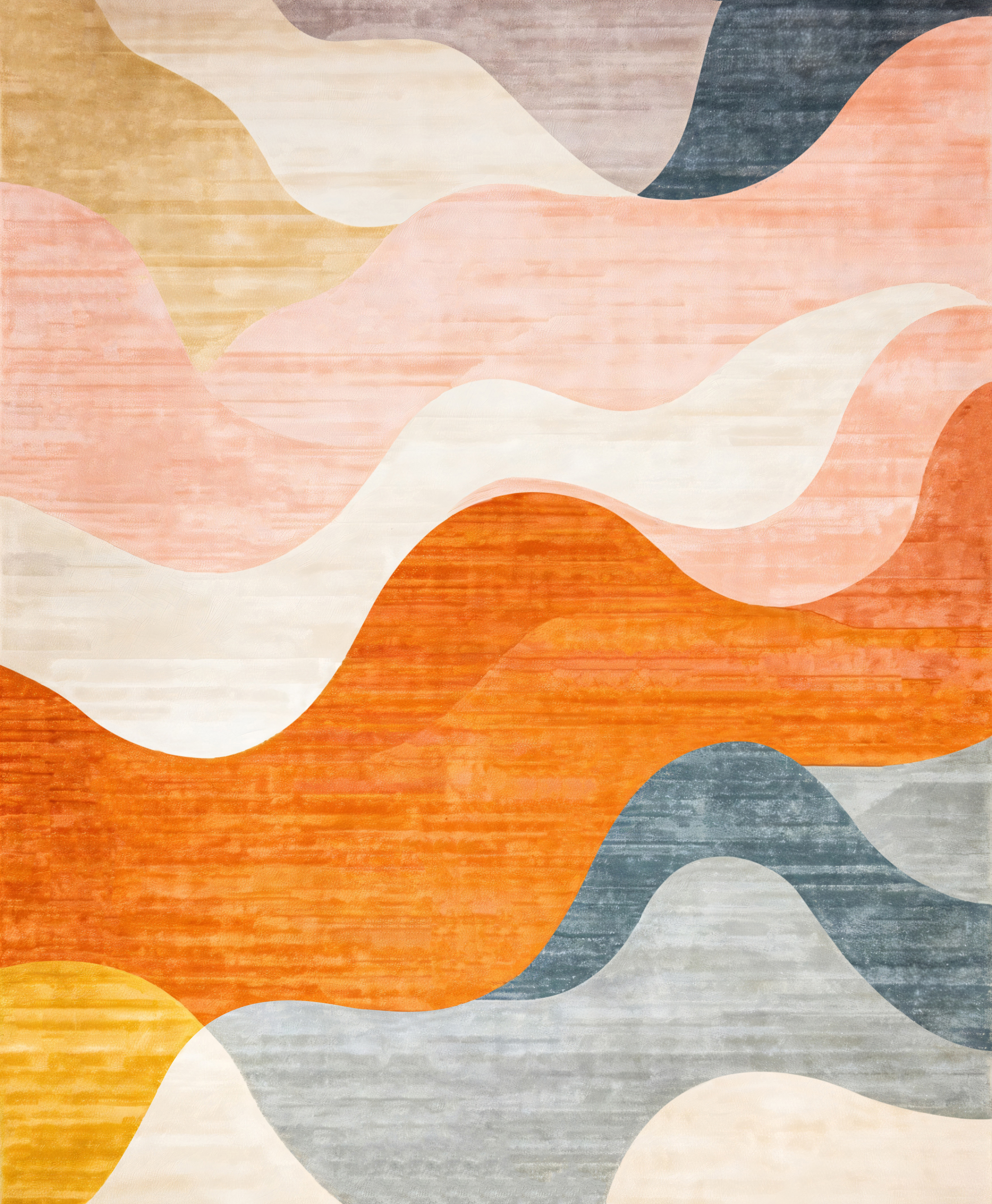 Abstract wave area rug in peach, orange and blue-gray tones